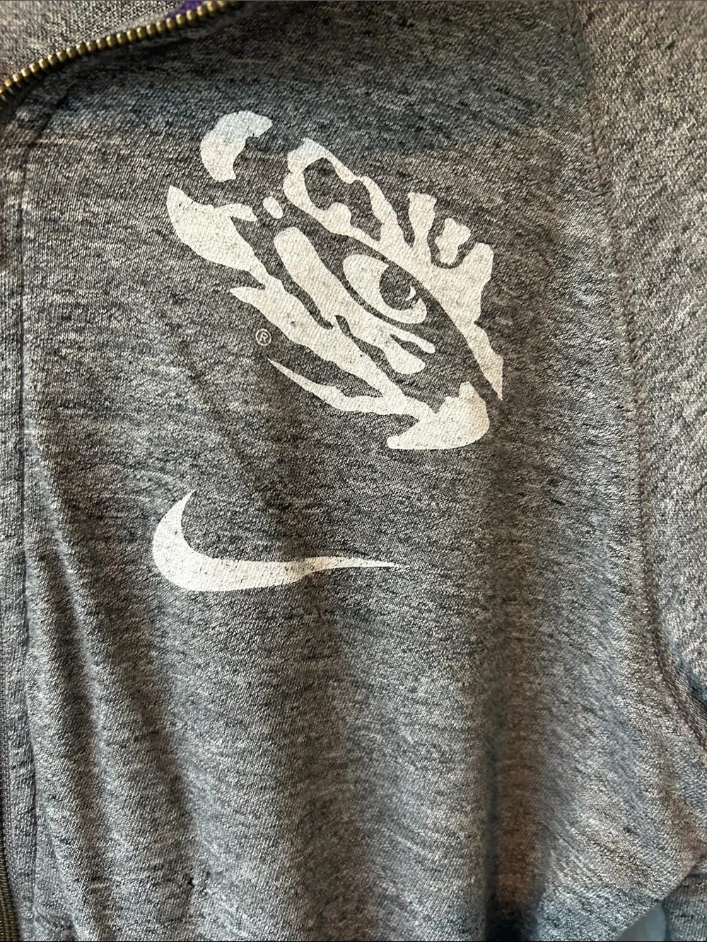 Nike Women’s Gray‎ Zip Hoodie with Purple Drawcords and White Graphic